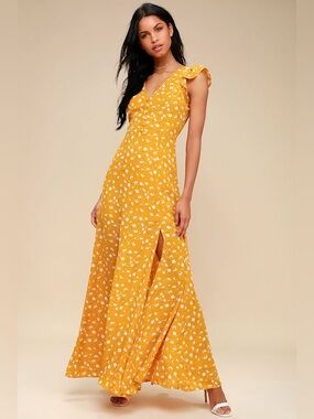 Fresh Picked Mustard Yellow Floral Print Backless Maxi Dress